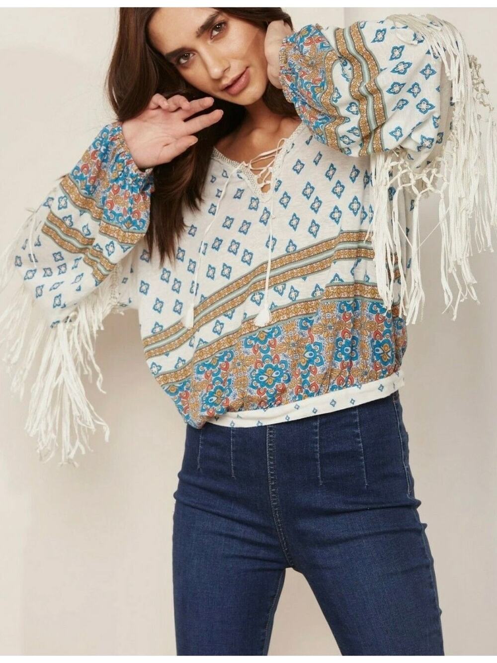 Free People Macra-Maze Me Ivory Fringe Top Medium $128 New With Tags
